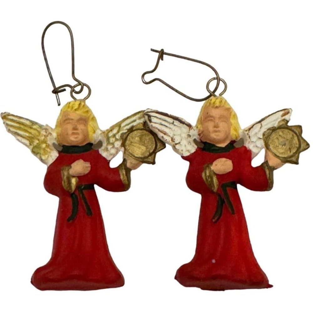 Vintage Christmas Earrings Angels Tambourine Red Robe White Wings MCM Holidays